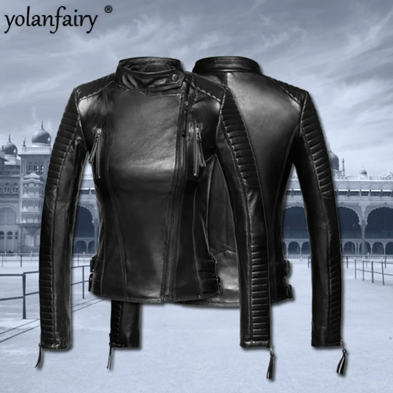YOLANFAIRY Women Geniune Leather Jacket Sheepskin