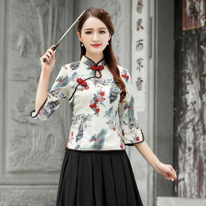 Традиционное Ципао рубашка Имитация шелк cheongsam колледж Ветер куртка Улучшенный ретро шелк Тан костюм Женская тонкая рубашка