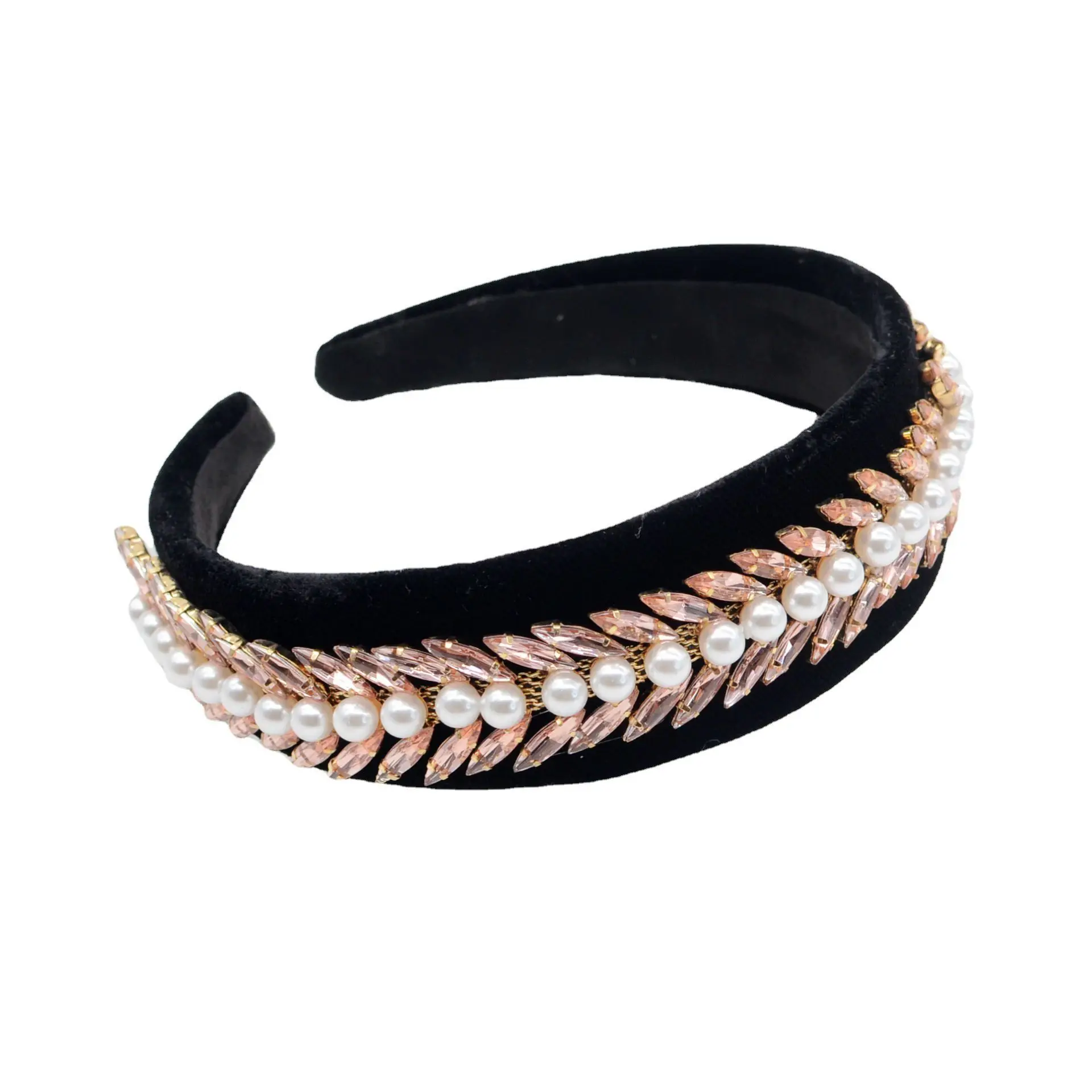 Handmade Exquisite Crystal Leaf Pearl Hair Hoop Woman Velvet Glass Shiny Headband Fashion Girl Hair Accessories Wholesale