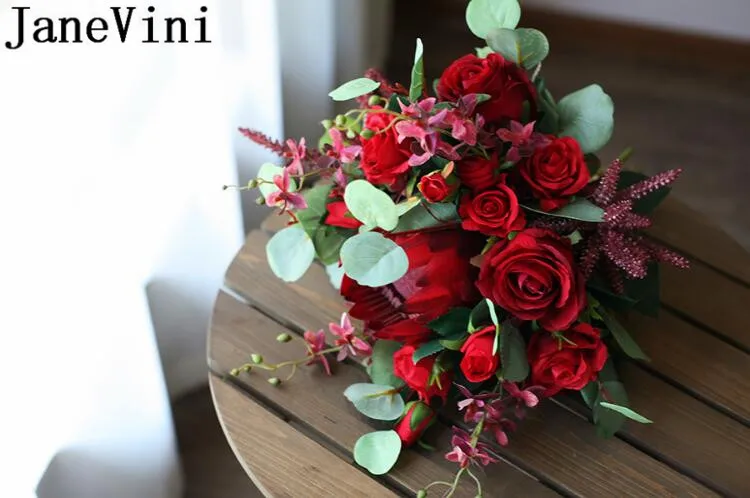 JaneVini Fleur Mariage темно-красный свадебный букет цветов Искусственные розы прочая цинароиды Свадебные букеты держатель для рук