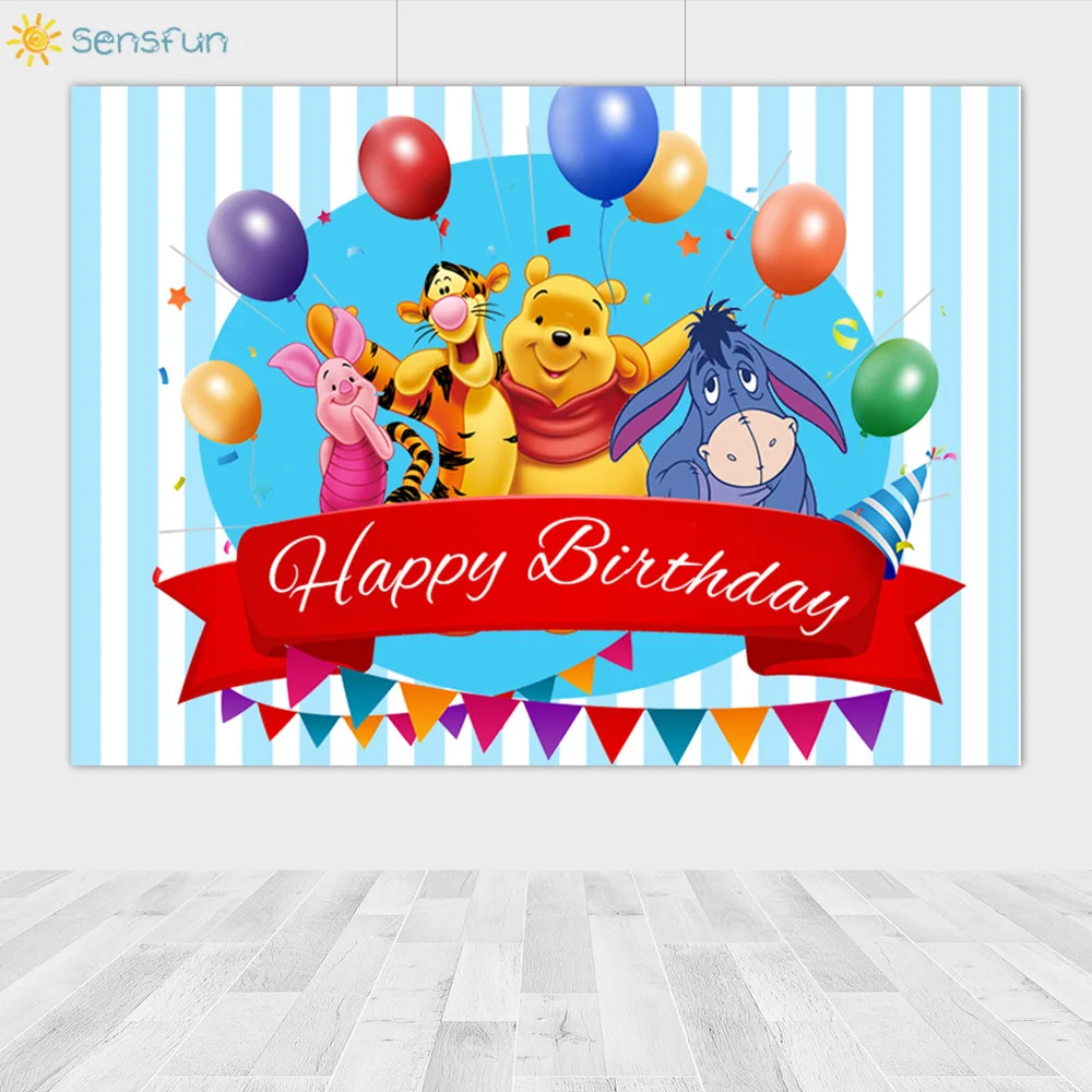 Sensfun Vinyle Winnie L Ourson Toile De Fond Bleu Rayure Ballon Joyeux Anniversaire Photographie Fond Studio Photographie Banniere Aliexpress