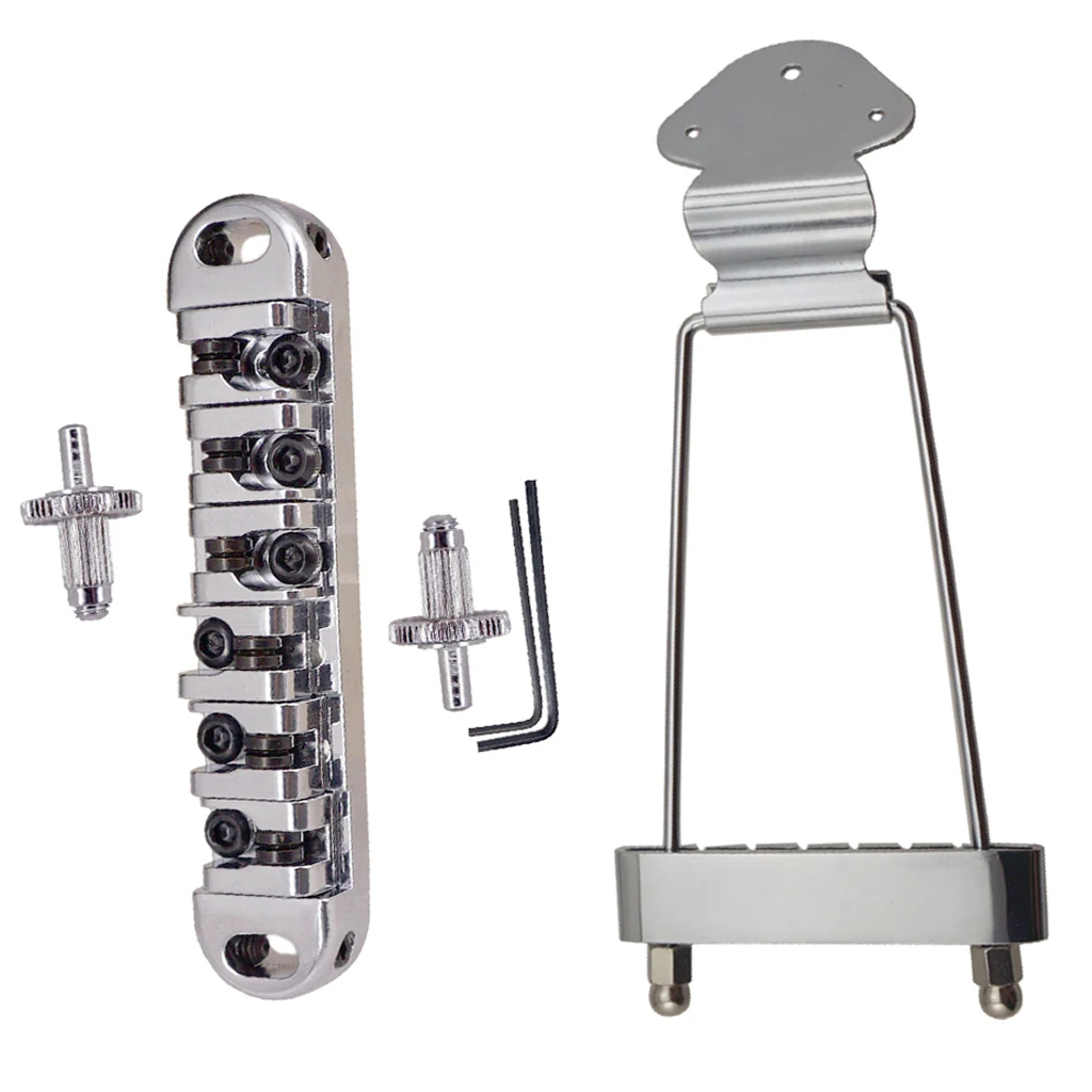1 Set Electric Guitar Roller Saddle Bridge Hollowed String Tailpiece with Small Adjustable Lock Posts & Wrenches, Silver