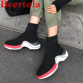 

New Stretch Fabric Women's Boots Mesh Sock Boots Women Autumn Knitting Shoes Thick Bottom Casual Flats Female Chaussures Femme
