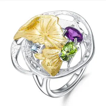 

GEM'S BALLET 925 Sterling Silver Monstera Leaves Handmade Ring Natural Peridot Amethyst Colorful Rings For Women Fine Jewelry