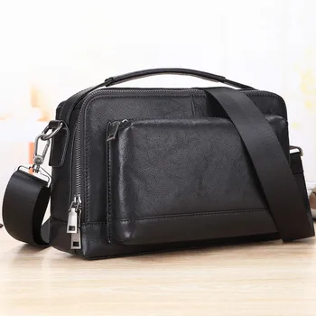

New Trend Men's Genuine Leather Portable Bag Solid Colour Mobile Phone Shoulder Bag Business Men's Cow Leather Cross-body Bag