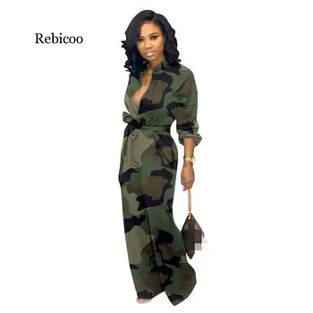 

Green Camouflage Women Jumpsuits Elegant Long Sleeves V Neck Pockets Elegnat Full Length Fashion Girls Rompers Pants