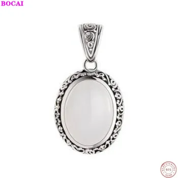

BOCAI925 sterling silver pendant handmade Thai silver pendant set with natural white chalcedony woman's silver pendant