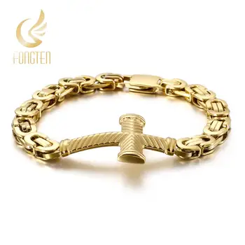 

Fongten Box Link Chain Cross Charms Bracelet Men Quality Stianless Steel Cool Punk Style Mens Bracelets Fashion Jewelry
