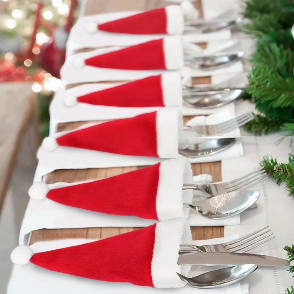 30PC Mini Cutton Christmas Hat Tableware Holder Kitchen Dinnerware Cover Bag Xmas Navidad Natal New Year Home Party Decor