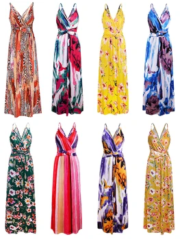 

Floral Print Knit Formal Dress V-neck Suspenders Gown Sexy Backless Party Dress Fashion Beach Dress XUCTHHC 2020 Spring Fall New