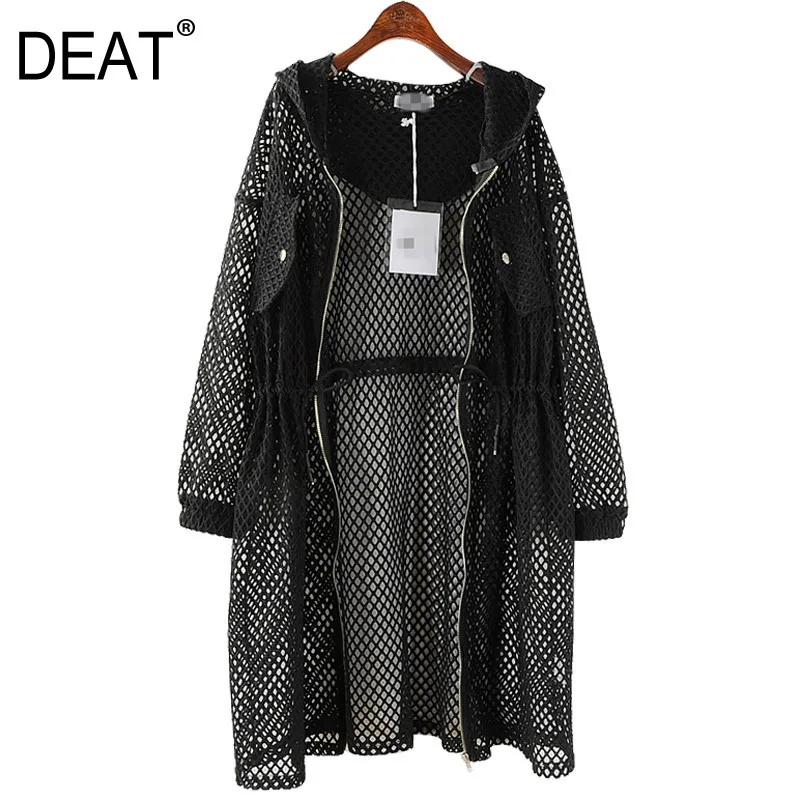 

DEAT New Spring 2020 Fashion Black Big Size Net Mesh Drawstring Waist Hooded Hollow Thin Loose Windbreaker Women QD369