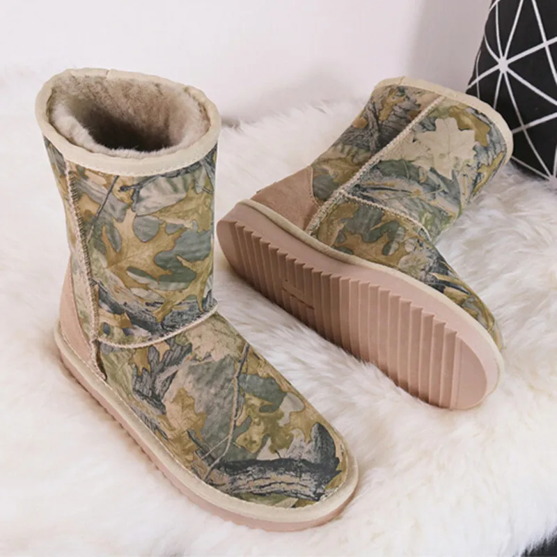 Camouflage green G& Zaco/роскошные брендовые зимние ботинки из овечьей кожи; натуральная шерсть; ботинки на овечьем меху; женские ботинки до середины икры на плоской подошве; водонепроницаемая женская зимняя обувь - Цвет: Camouflage green