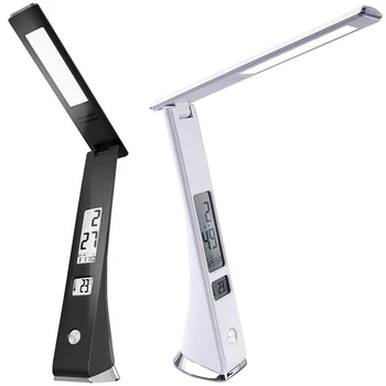 

LED Desk Lamp, Table Lamp 5W USB Charging Port,Press Control Dimmable, Built-in Clock, Thermometer for Reading