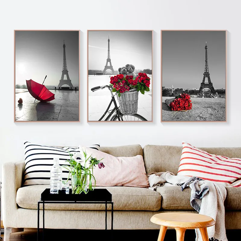 Modern-Black-White-City-Building-Art-Canvas-Painting-Prints-Tower-Red-Rose-Posters-Wall-Picture-For