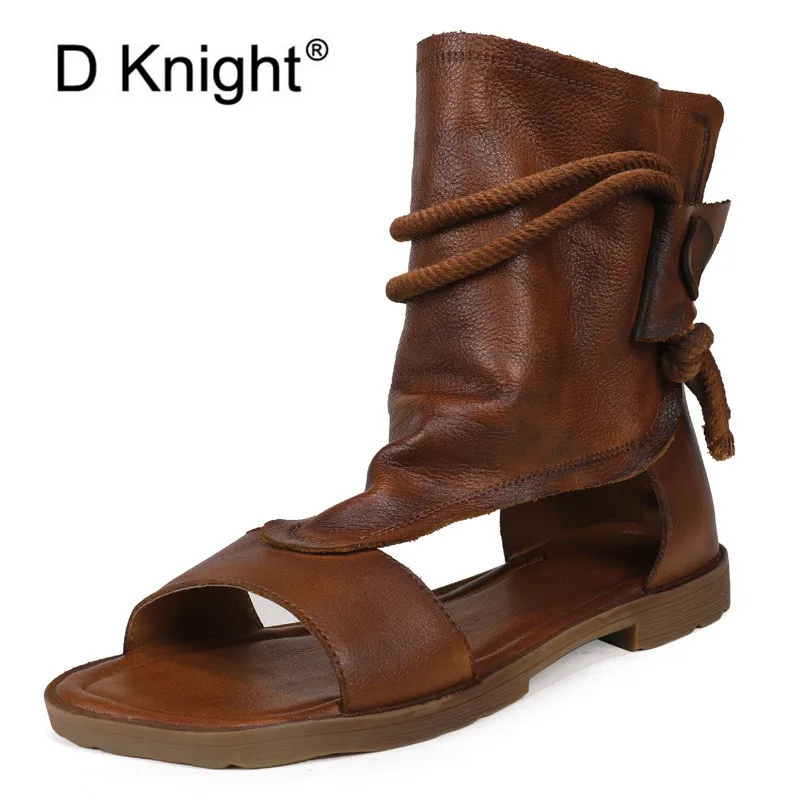 Женские сандалии в стиле ретро высокие гладиаторские из натуральной кожи с