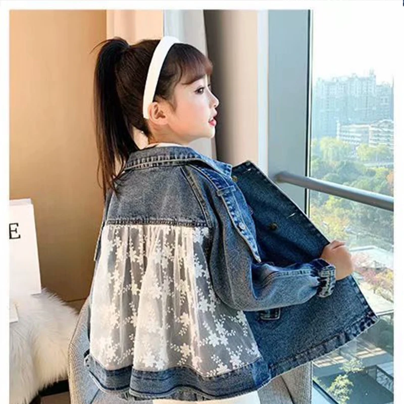 여아용 트렌치진 자수 데님 재킷, 아동복, 레이스 코트, 캐주얼 아우터, 봄, 가을, 신상