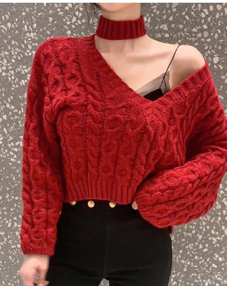Korean style loose short twist halter sexy strapless ladies temperament long-sleeved knitted sweater