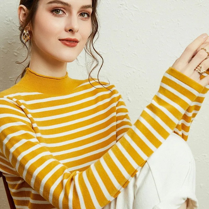 Корейский вариант нового трикотажа женский свитер полуводолазка топ в полоску с