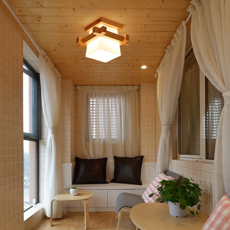 Японский теплый дом домик татами деревянный потолочный светильник Led со стеклянным абажуром коридор Прихожая балконт E27 современный
