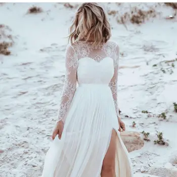 

Wedding Dresses Beach Simple Long Sleeve Side Slit Floor Length Split Court Train Backless Bridal gowns 2021 Charming Chiffon