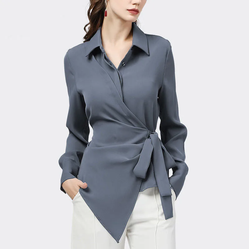 

Blouses Women's Plus Size Blusas 2020 Autumn Fashion Cotton blend Splicing Irregular waist belt Primer Shirts Skinny Tops Ladies