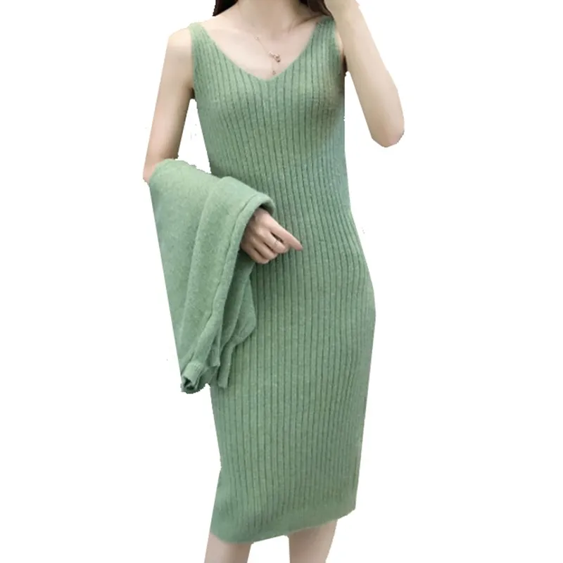 Элегантное женское трикотажное платье из 2 предметов однотонное облегающее