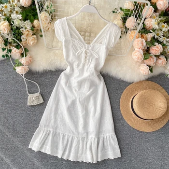 

Women's Summer 2020 New Chic Sweet Wooden Ear Lace-up Cutout Dress Lady Sleeveless Sexy Vestidos L781