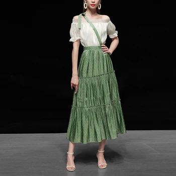 

Seifrmann 2020 New Summer Fashion Suit Women's Flare Sleeve Slash Neck Elastic Waist Office Lady Skirts 2 Two Pieces Set