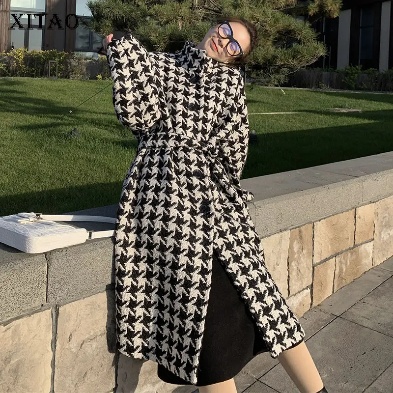 see picture DMY1097 XITAO Tide размера плюс клетчатая бандажная женская одежда осень и зима винтажное однобортное пальто с воротником-стойкой DMY1097 - Цвет: see picture DMY1097