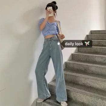 

Mom Jeans For Women Full Length Wide Leg Denim Blue Vintage High Waist Womens Trousers Fashion Korean Chic Plus Size Jean Femme
