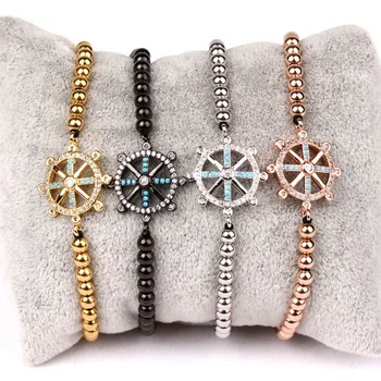 High quality Small Stainless Steel Beads Colorful CZ Rudder Charm Bracelet Men Women
