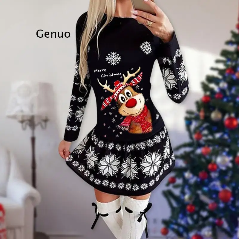 

2021 Autumn Women Fashion Christmas Moose Snowflake Print Mix Long Sleeve Dress Reindeer Sven Print Vintage Xmas Mini Dress