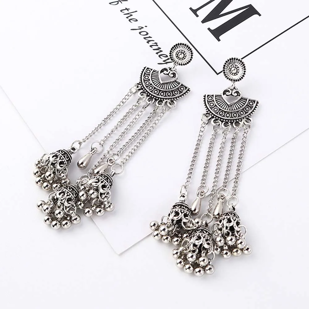 antique silver Винтажные преувеличенные резные металлические серьги с кисточками Национальный Ветер веер в форме фонаря шариковые серьги кулон ювелирные изделия аксессуары - Окраска металла: antique silver
