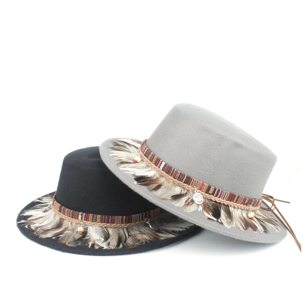 Модная шляпа-федора унисекс для мужчин и женщин с плоским верхом и перьями, шляпа для дня рождения, шляпа Трилби джаз, шляпа для взрослых, размер 56-58 см