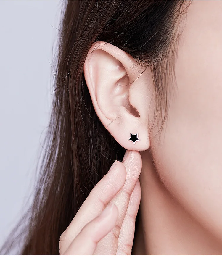 VOROCO Real 925 Sterling Silver Stud Earrings Pentagram Five-pointed Star Black Fine Jewelry for Women Unisex BNE275