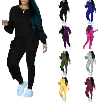 

2pcs/set Women Ruffles Hoodies Casual Sweatshirt Hooded Tops Pants Sets Clothing Suits Female Tracksuit Sports Wear Jogging