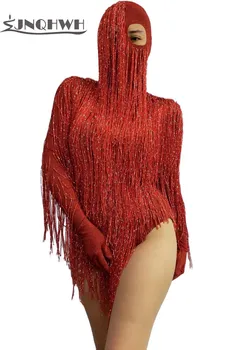 

Free Shipping Red Full Fringe Long Sleeves Bodysuit Headdress Birthday Celebrate Dance Wear Prom Women Dancer DS Evening Outfit