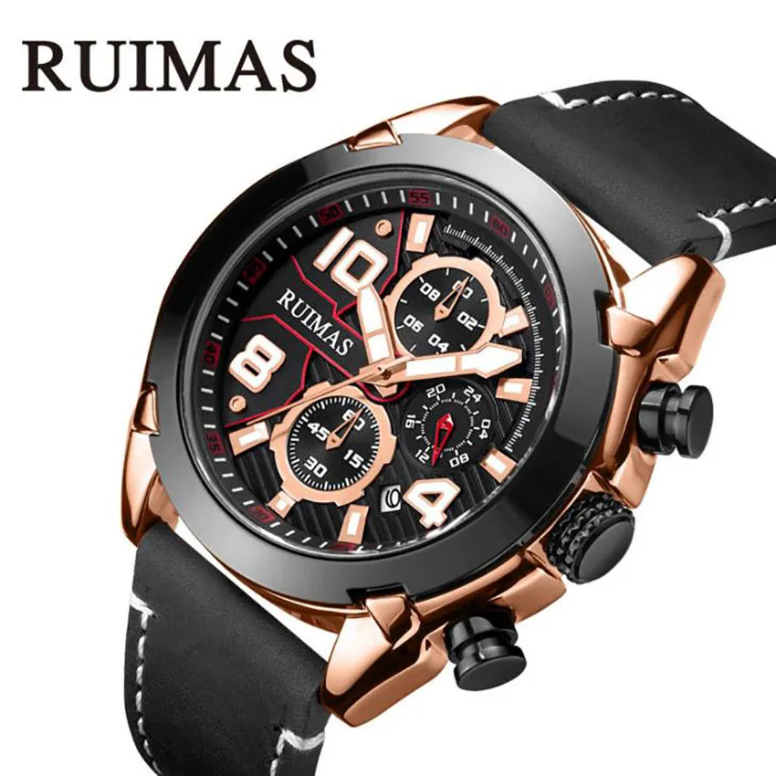 

RUIMAS Fashion Mens Watches Top Brand Luxury Luminous time three-eye movement Military Quartz Watch Sport Chronograph Watch Men