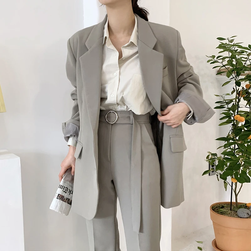 

[EWQ]long Sleeve Two Buckle Loose Casual Blazer Jacket+high Waist Straight Blazer Trousers Set 2019 Autumn New Korea Set 2 QK345