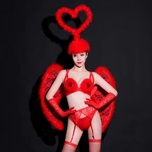 Сексуальный сценический костюм для женщин, красный костюм бикини, крылья, бар, Ds, костюмы на день рождения, наряд для ночного клуба, одежда для сцены DN4878