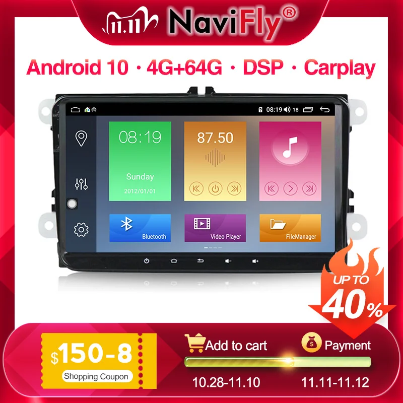 NaviFly Android 9 HD дюймов экран для Skoda VW Passat B6 Polo Golf 4 5 Touran Seat Автомобильный