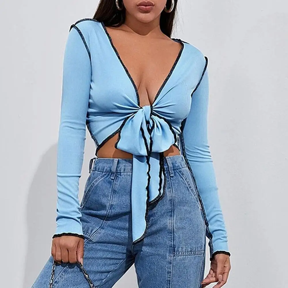 Sexy Blouses Woman Blue Stamping Deep V Neck Long Sleeve Chest Bandage Blouses Loose Blouse Shirts Female Top 1