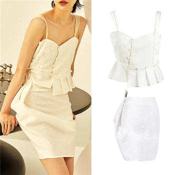 

Fashion Designer Summer 2 Piece Set Women Sleeveless Lace Crop Top And Chic Vintage Package Hip Skirt Women Sexy Clothes SL402
