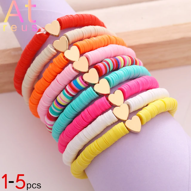 Boho Love Charm Bracelet Set Colorful Clay Bead Strands With