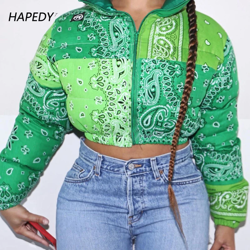 Green Print Y2K Long Sleeve Crop Coat Thick Jacket Women Casual Autumn Winter 2021 Bubble Turtleneck Short Parkas Warm Jackets | Женская