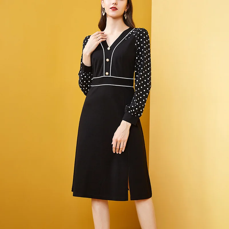 

Europe And America 2020v Collar Polka Dot Splicing Dress Mid-length Spring Clothing New Style Elegant Ladies' Slim Fit Slimming