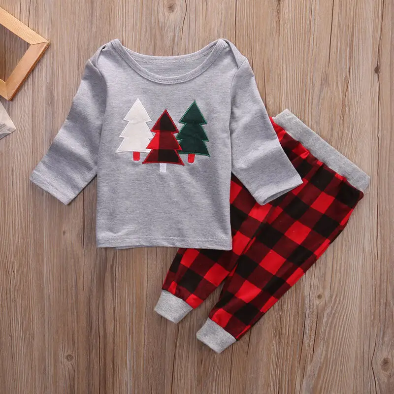 Рождественская Одежда для маленьких мальчиков и девочек, 2 предмета Толстовка+ клетчатые штаны, комплекты Рождественская одежда, комплект с толстовкой