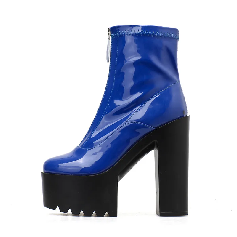 Patent leather Women Motorcycle Boots 14cm Ultra high heels Platform Wedges Zip Ankle boots Autumn Winter Martin boots Shoe