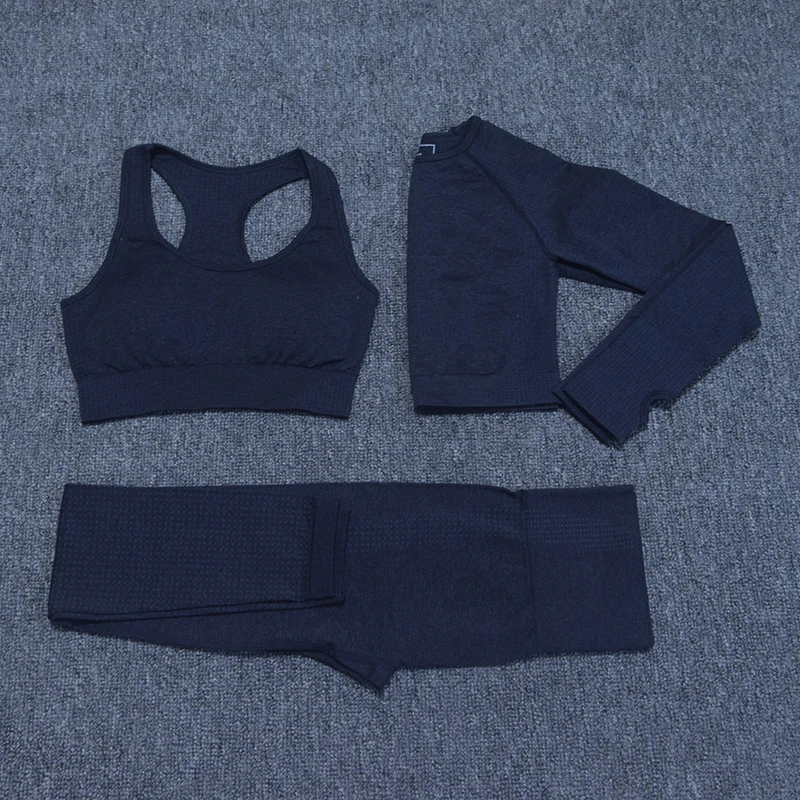 Women's Sportswear Yoga Set Vital Seamless Leggings+Sport Brassiere+Long Sleeve Crop Top 3PCS Sports Suits Gym Workout Clothing
