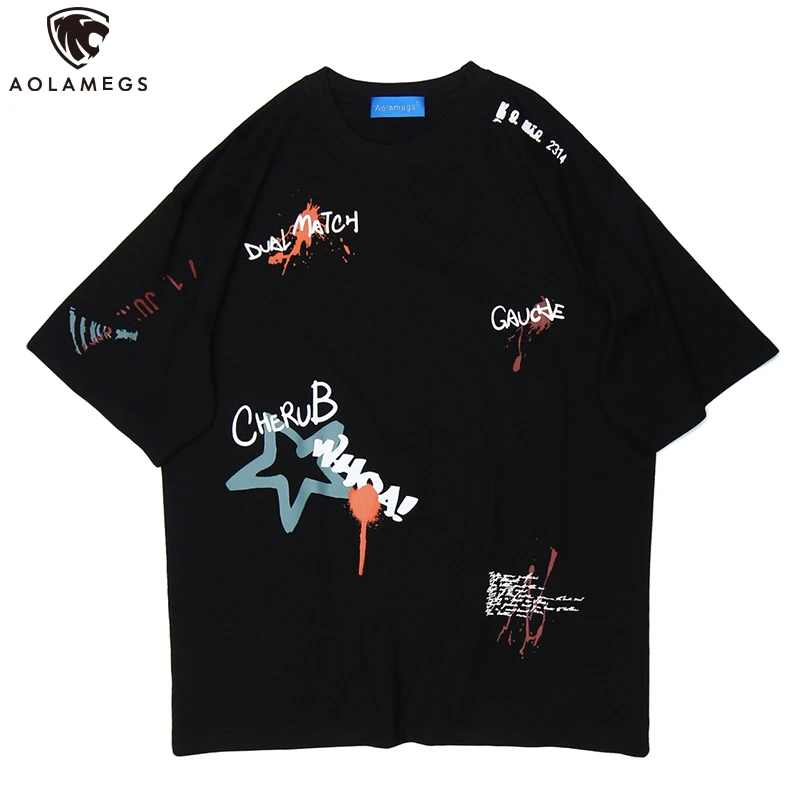 

Aolamegs Men's Tees Irregular Graffiti Letter Print T-shirt Summer Hip Hop All-match Casual Cozy Tee Tops Streetwear t shirt men